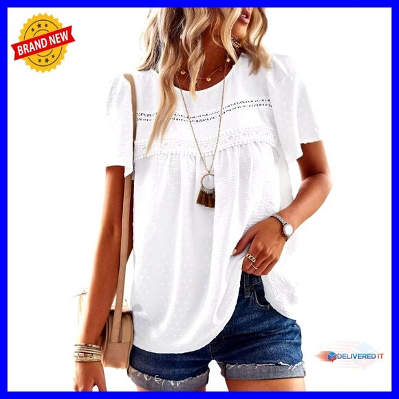 Tops - Short Sleeve Crewneck Blouse with Lace Hem, Chiffon Fabric, Boho Style